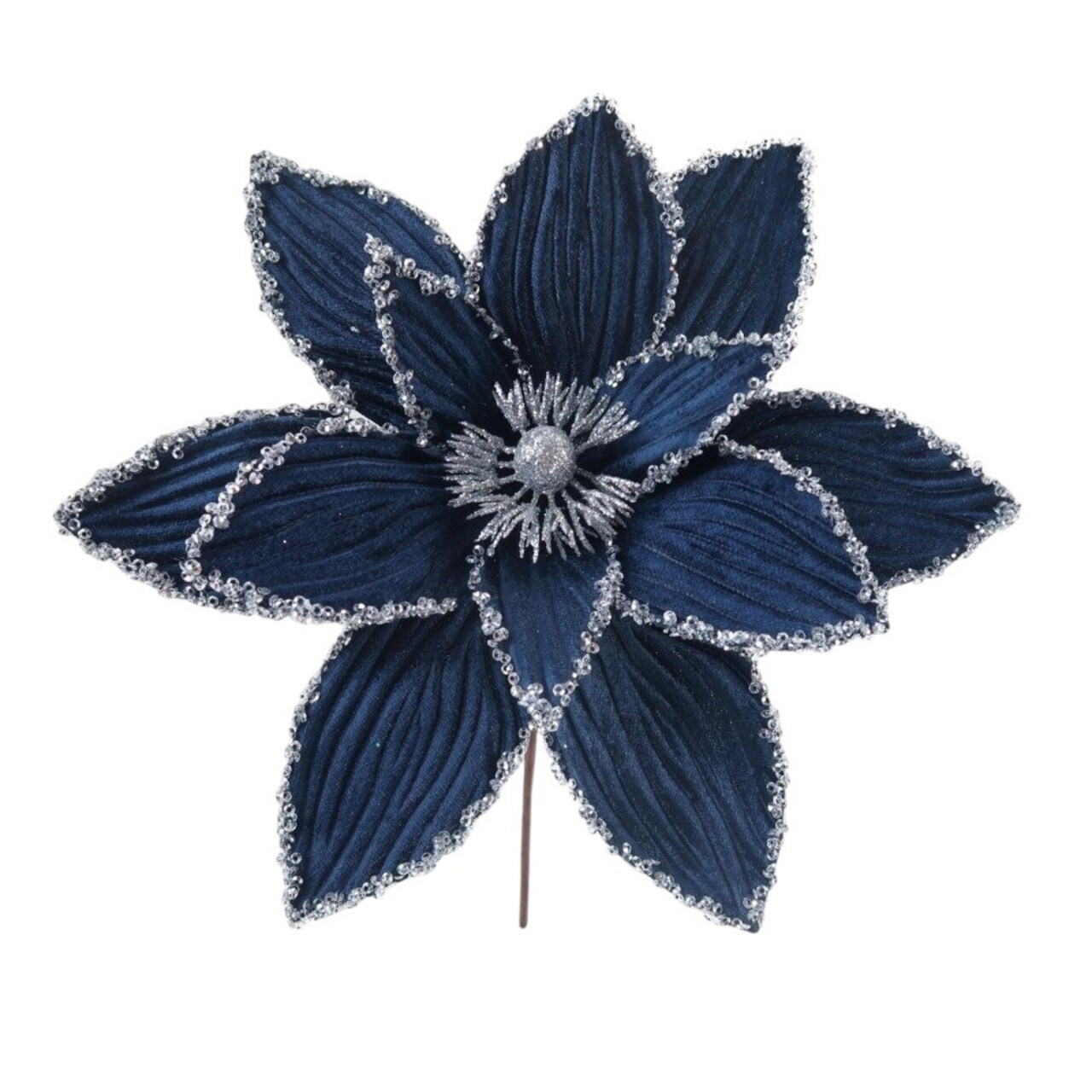 16"-Luxury Navy Velvet Magnolia Pick with Silver Glitter Trim